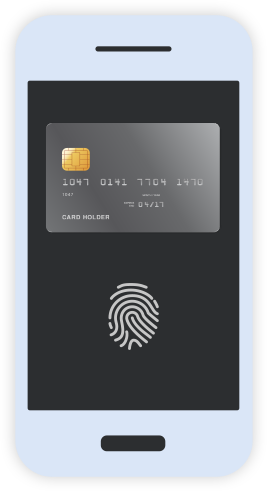 Credit card and thumbprint displayed on smartphone screen. Illustration.