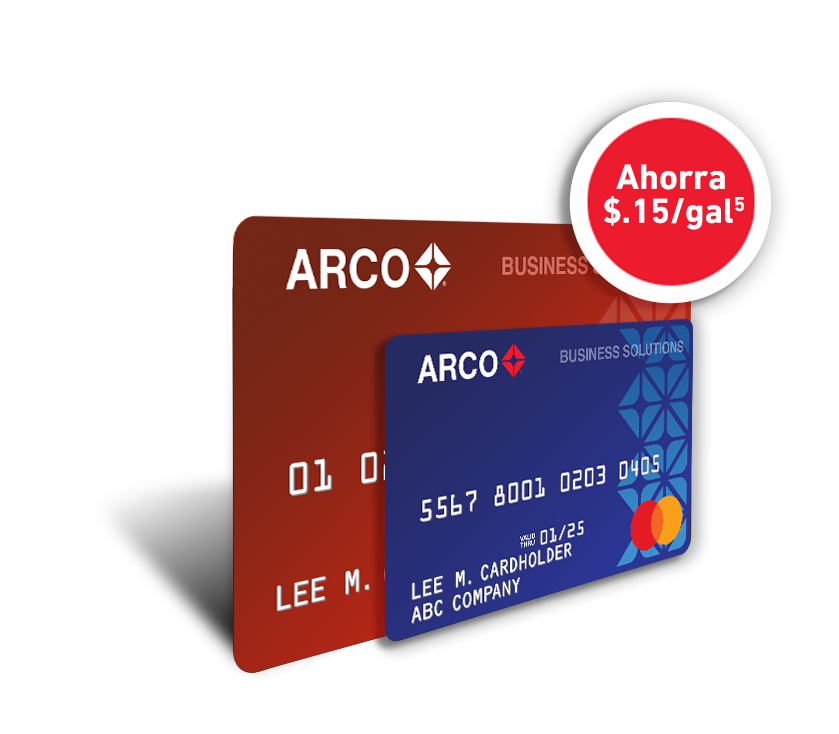 Una tarjeta ARCO para soluciones de negocios respaldada por Mastercard que otorga un sticket de ahorro de  15 centavos por galon