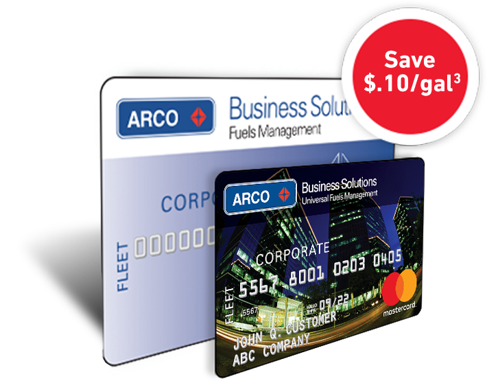An ARCO Business Solutions card behind an ARCO Business Solutions Mastercard®.
