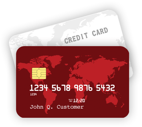 Red debit card in front of a gray credit card.